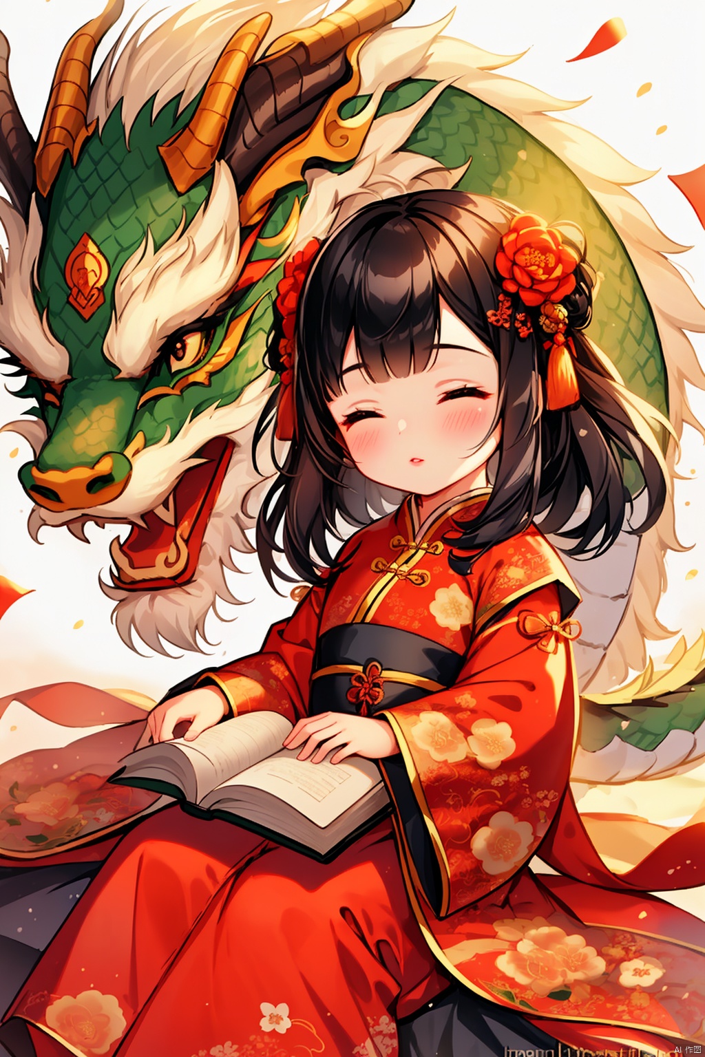 1girl, solo, black hair, hair ornament, long sleeves, closed eyes, lying, blurry, lips, book, depth of field, animal, watermark, chinese clothes, floral print, sleeping, child, web address, nose, dragon, hair stick, eastern dragon
