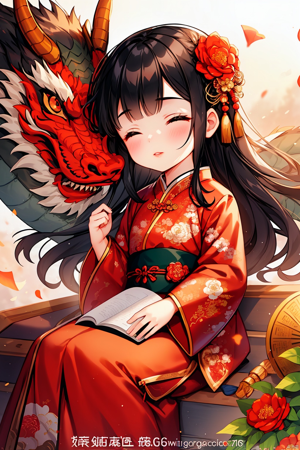 1girl, solo, black hair, hair ornament, long sleeves, closed eyes, lying, blurry, lips, book, depth of field, animal, watermark, chinese clothes, floral print, sleeping, child, web address, nose, dragon, hair stick, eastern dragon