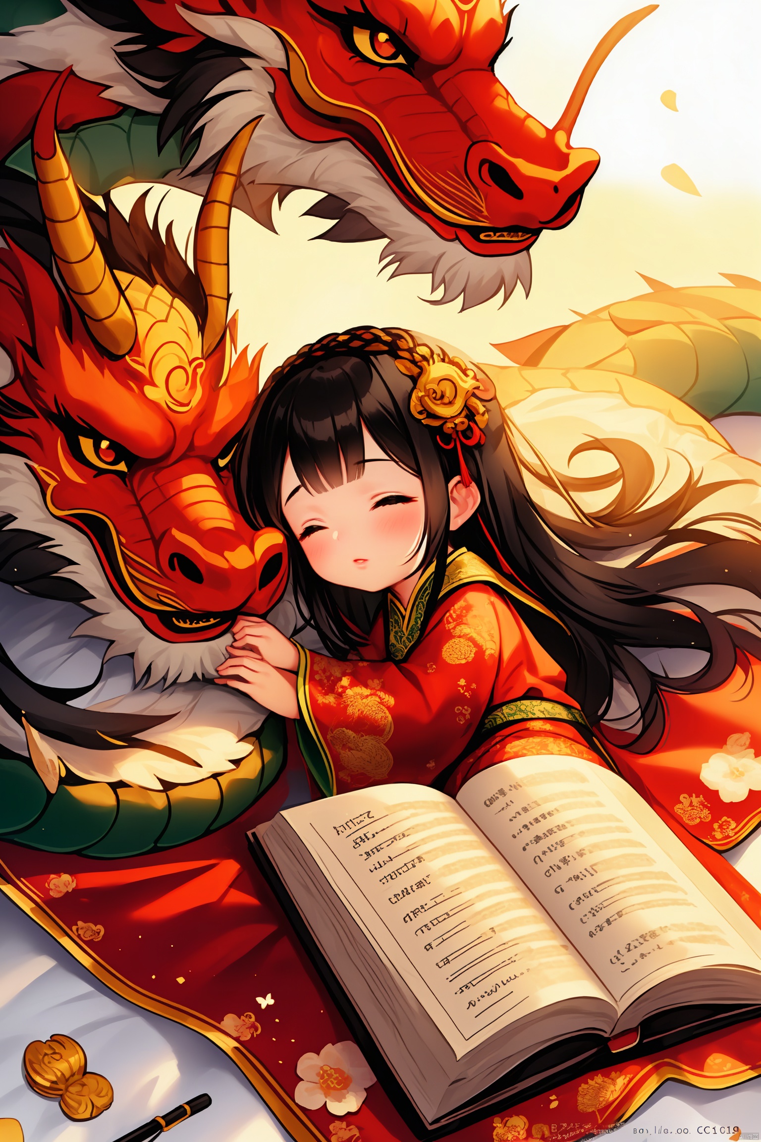 Girl, solo, black hair, hair accessories, long sleeves, closed eyes, lying down, blur, lips, book, depth of field, animal, watermark, Chinese clothes, print, sleeping, child, nose, dragon, Posting, Oriental dragon