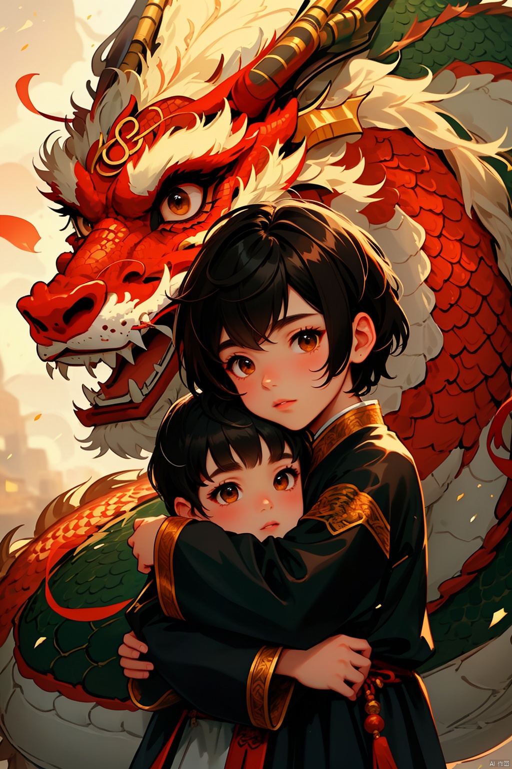 solo, looking at viewer, short hair, brown hair, black hair, long sleeves, 1boy, closed mouth, upper body, male focus, day, blurry, black eyes, lips, hug, dragon, eastern dragon