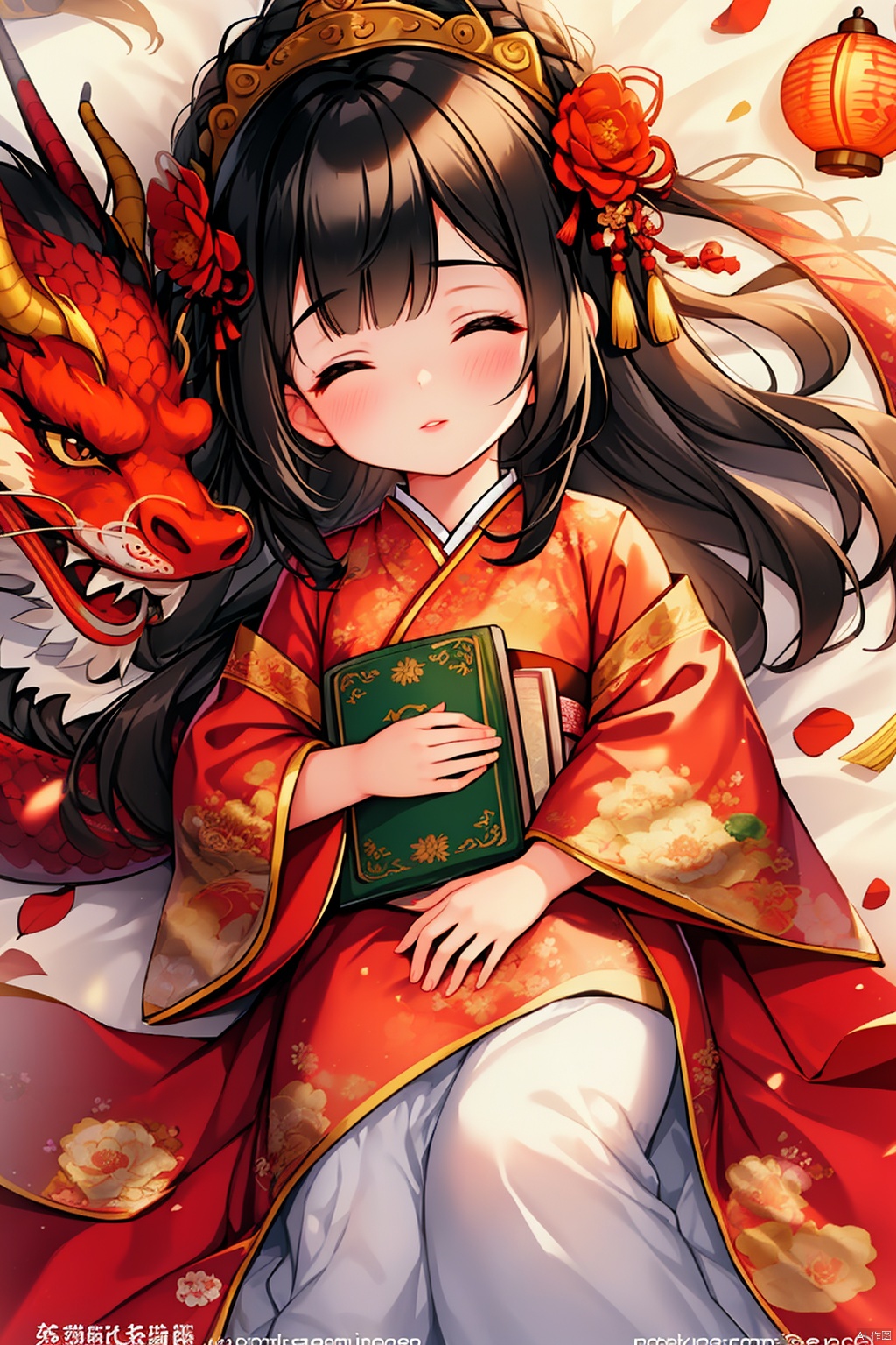 1girl, solo, black hair, hair ornament, long sleeves, closed eyes, lying, blurry, lips, book, depth of field, animal, watermark, chinese clothes, floral print, sleeping, child, web address, nose, dragon, hair stick, eastern dragon