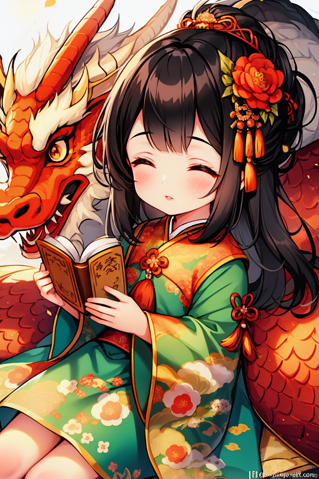 1girl, solo, black hair, hair ornament, long sleeves, closed eyes, lying, blurry, lips, book, depth of field, animal, watermark, chinese clothes, floral print, sleeping, child, web address, nose, dragon, hair stick, eastern dragon