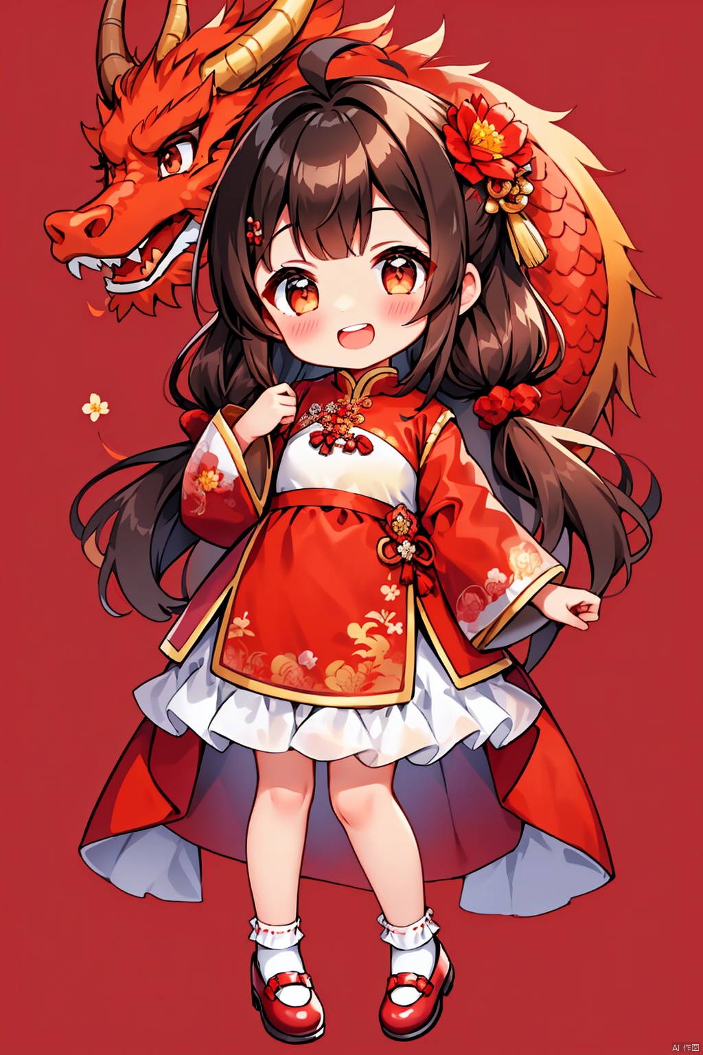 1girl, solo, long hair, looking at viewer, blush, smile, open mouth, bangs, simple background, brown hair, hair ornament, red eyes, long sleeves, dress, ribbon, twintails, brown eyes, sitting, full body, flower, :d, horns, shoes, teeth, socks, hand up, hair flower, wide sleeves, chinese clothes, red dress, white socks, red footwear, china dress, red background, mary janes, dragon, eastern dragon