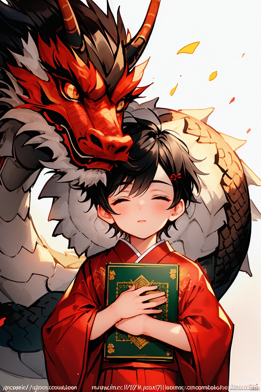  1boy, black hair, hair ornament, long sleeves, closed mouth, closed eyes, upper body, lips, book, hug, watermark, sleeping, web address, realistic, nose, dragon, red kimono, eastern dragon