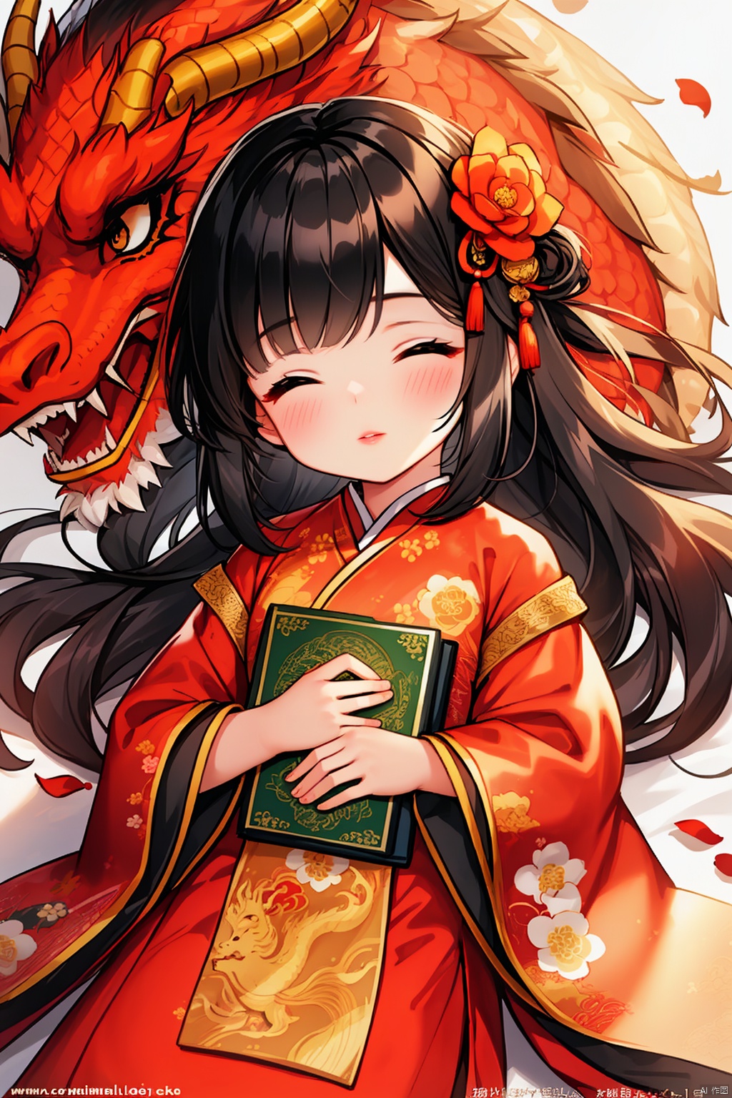 1girl, solo, black hair, hair ornament, long sleeves, closed eyes, lying, blurry, lips, book, depth of field, animal, watermark, chinese clothes, floral print, sleeping, child, web address, nose, dragon, hair stick, eastern dragon