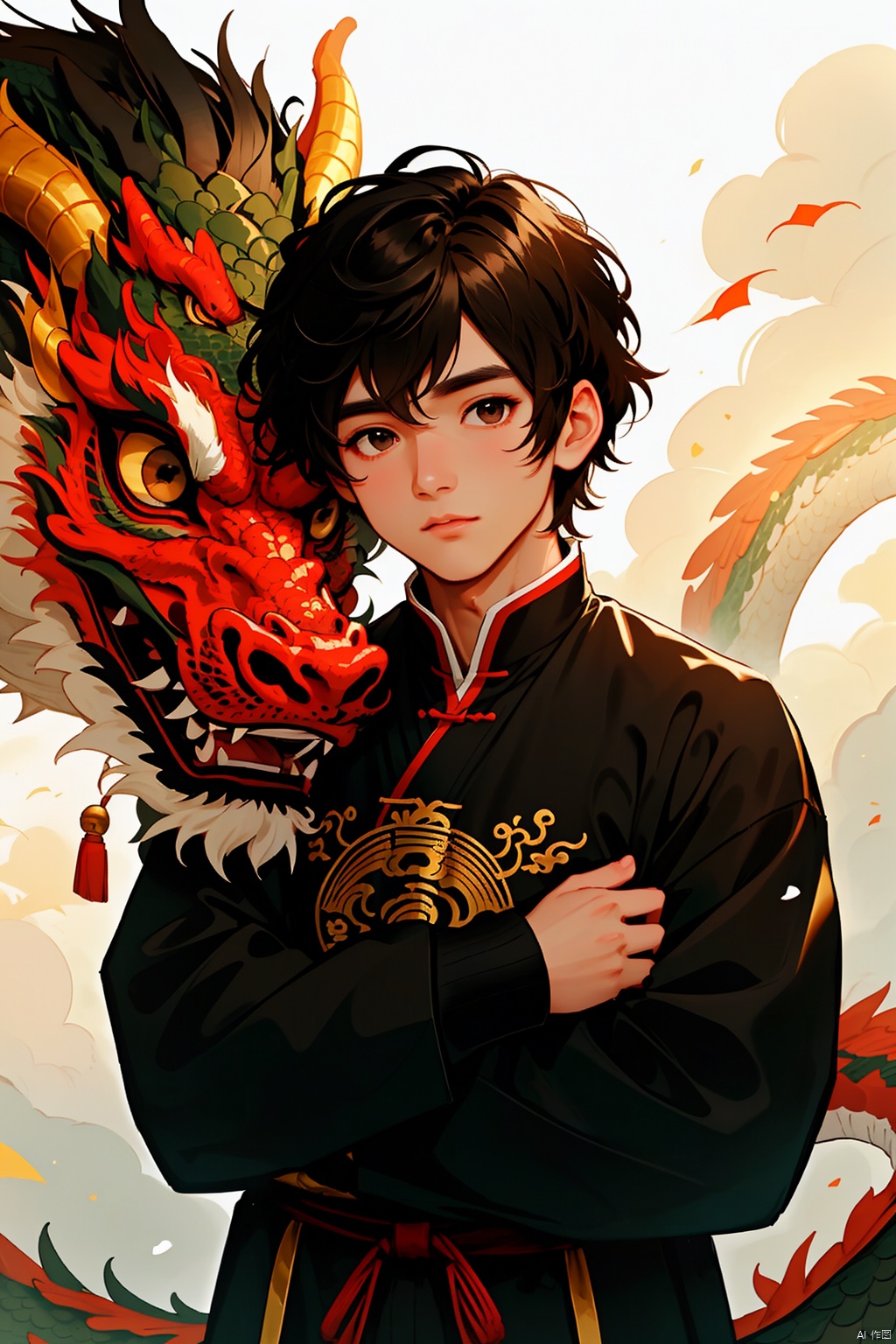 solo, looking at viewer, short hair, brown hair, black hair, long sleeves, 1boy, closed mouth, upper body, male focus, day, blurry, black eyes, lips, hug, dragon, eastern dragon