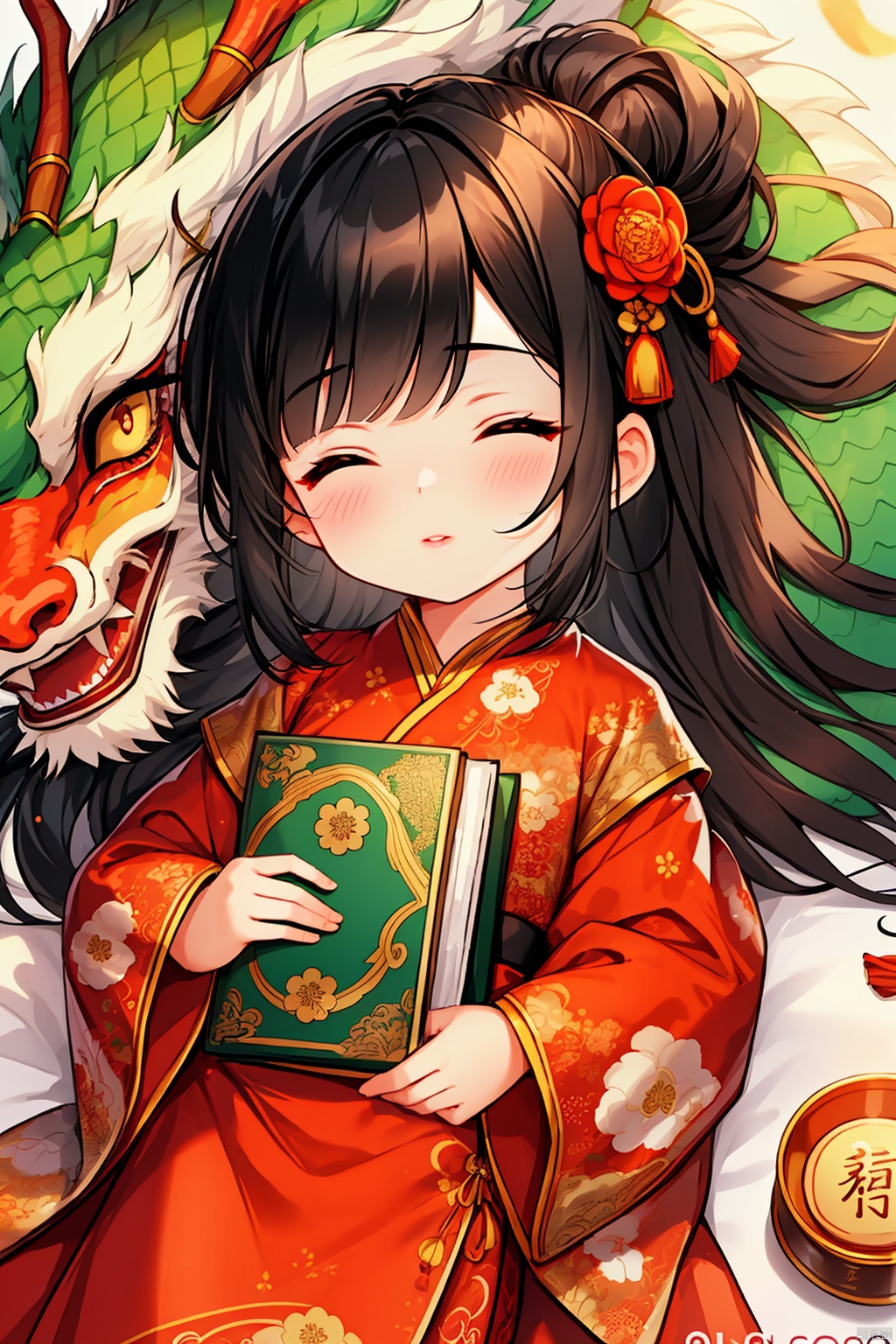 1girl, solo, black hair, hair ornament, long sleeves, closed eyes, lying, blurry, lips, book, depth of field, animal, watermark, chinese clothes, floral print, sleeping, child, web address, nose, dragon, hair stick, eastern dragon