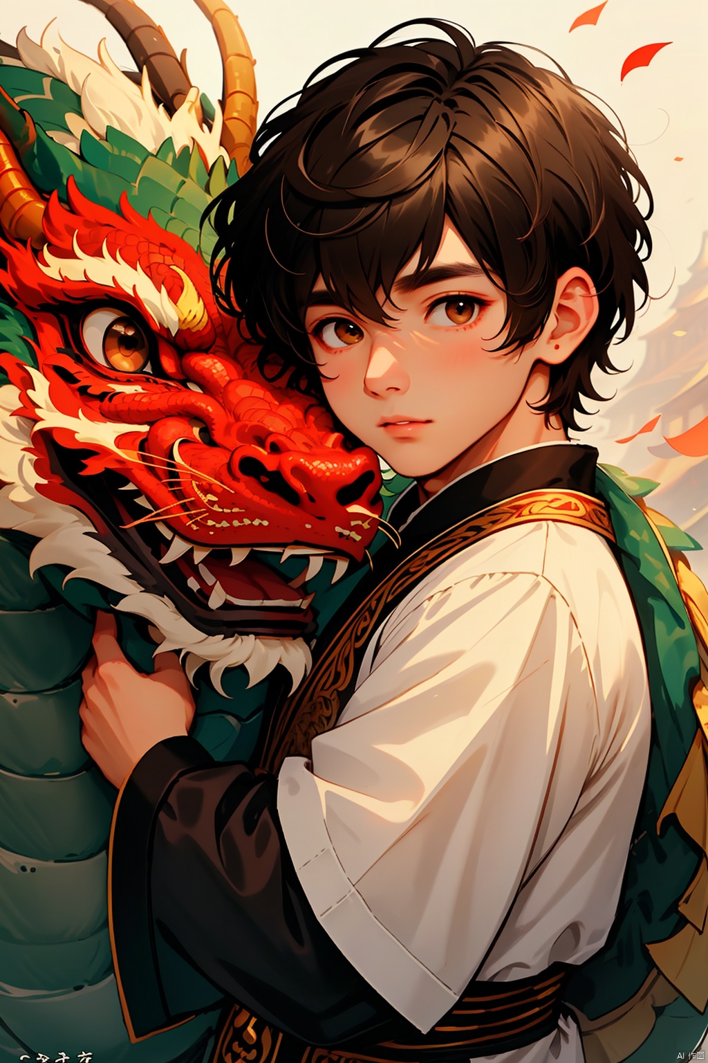 solo, looking at viewer, short hair, brown hair, black hair, long sleeves, 1boy, closed mouth, upper body, male focus, day, blurry, black eyes, lips, hug, dragon, eastern dragon