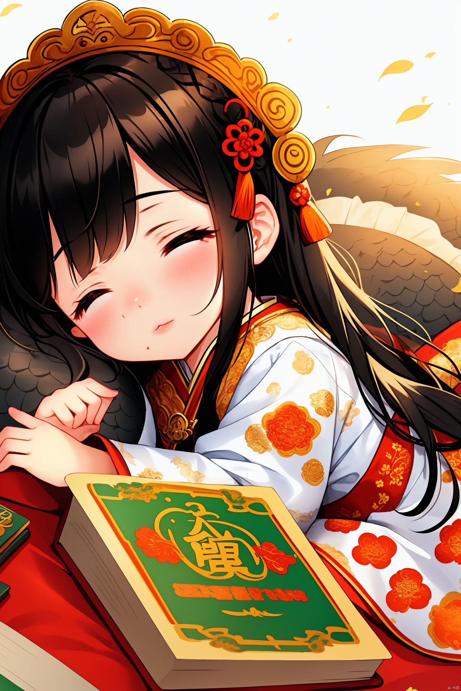Girl, solo, black hair, hair accessories, long sleeves, closed eyes, lying down, blur, lips, book, depth of field, animal, watermark, Chinese clothes, print, sleeping, child, nose, dragon, Posting, Oriental dragon
