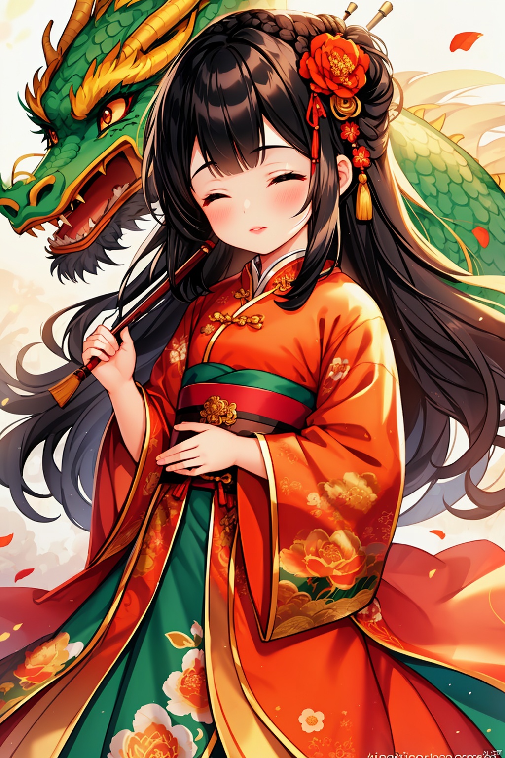 1girl, solo, black hair, hair ornament, long sleeves, closed eyes, lying, blurry, lips, book, depth of field, animal, watermark, chinese clothes, floral print, sleeping, child, web address, nose, dragon, hair stick, eastern dragon