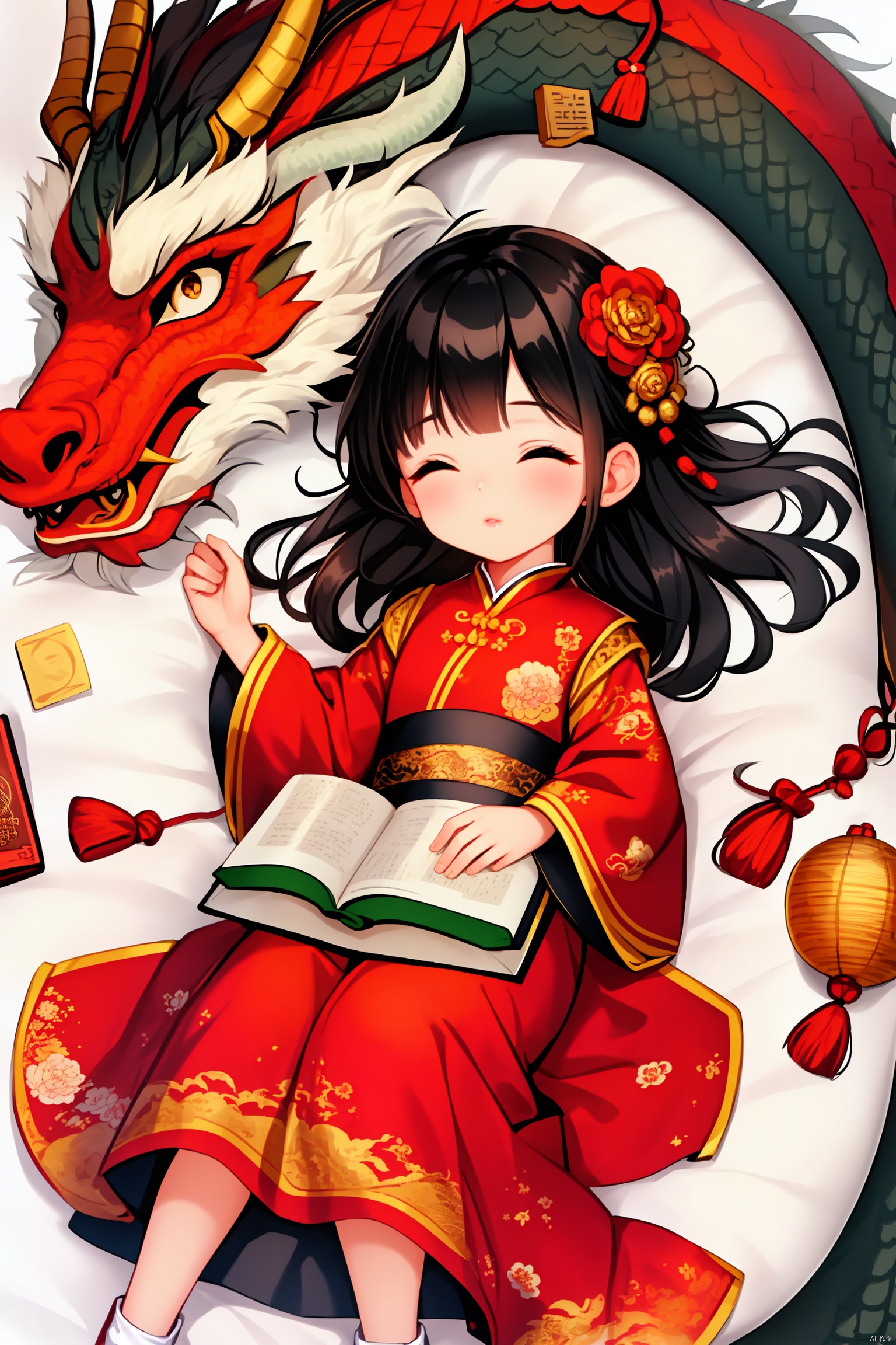 Girl, solo, black hair, hair accessories, long sleeves, closed eyes, lying down, blur, lips, book, depth of field, animal, watermark, Chinese clothes, print, sleeping, child, nose, dragon, Posting, Oriental dragon