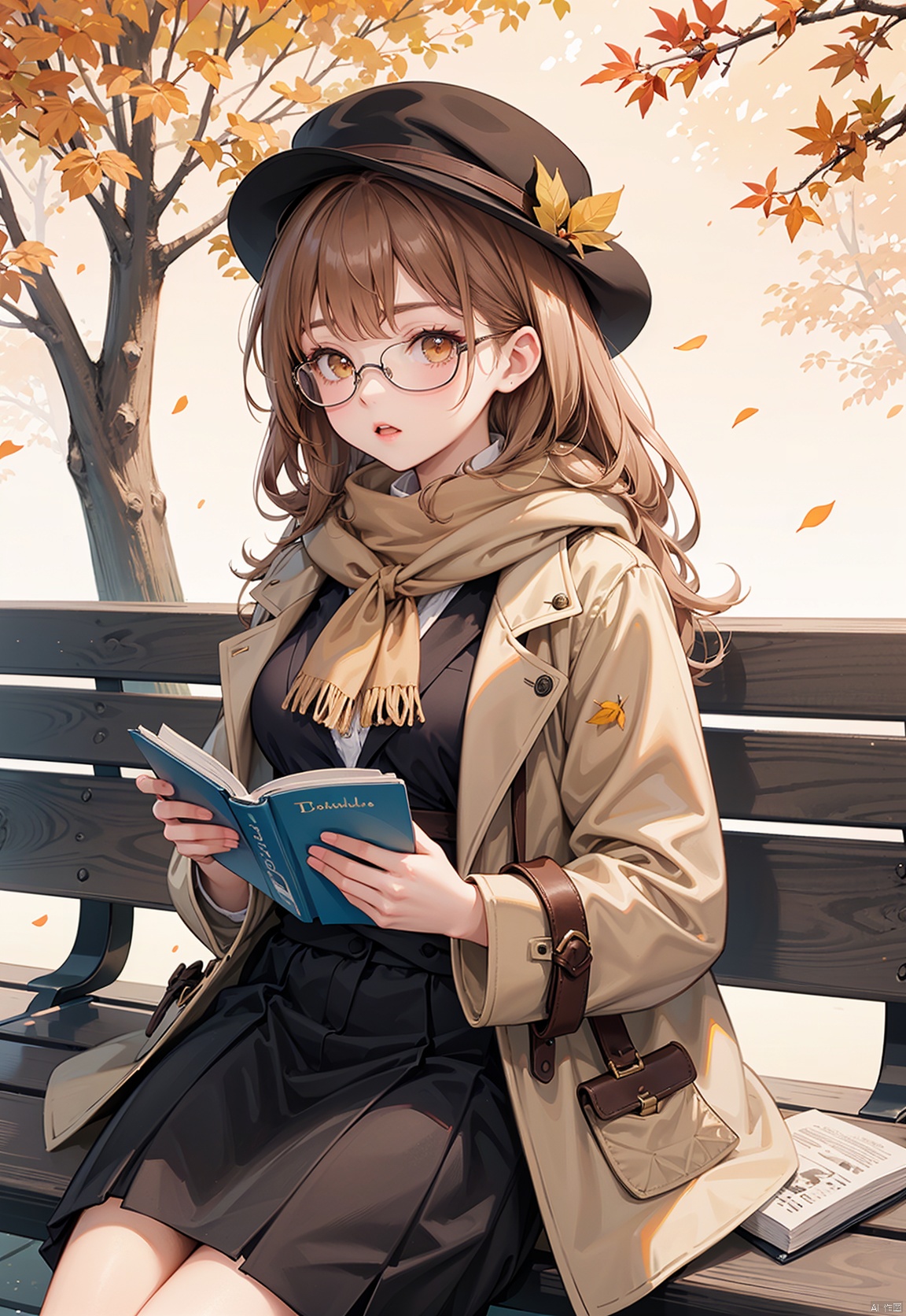 Falling leaves in autumn, girl with middle breasts, sitting on a bench, brown orange hair, orange eyes, with a long brown scarf around her neck, wearing a pair of glasses, holding a book in her hand, carefully reading, wearing a brown coat and a hat