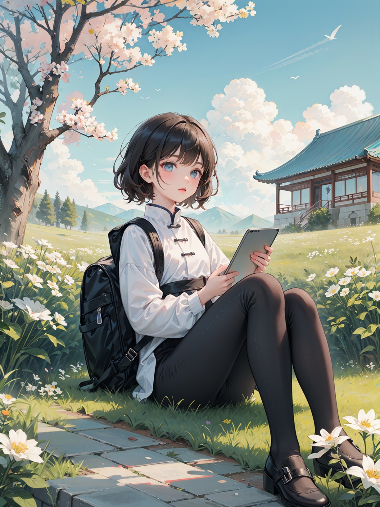 (Masterpiece), (Best Quality), Children's Illustration, Line Stroke, 1 cute girl, blue pupils, curly brown hair, holding a book, backpack, tablet, sitting on the grass, looking at the sky, clouds, donuts, white flowers, detailed details,, A ink painting of a tranquil orchard with Chinese writing on it and a pair of birds building their nest, with a fruit-laden branch in the foreground, An Zhengwen, organic painting, a minimalist painting, art & language, ink and wash,