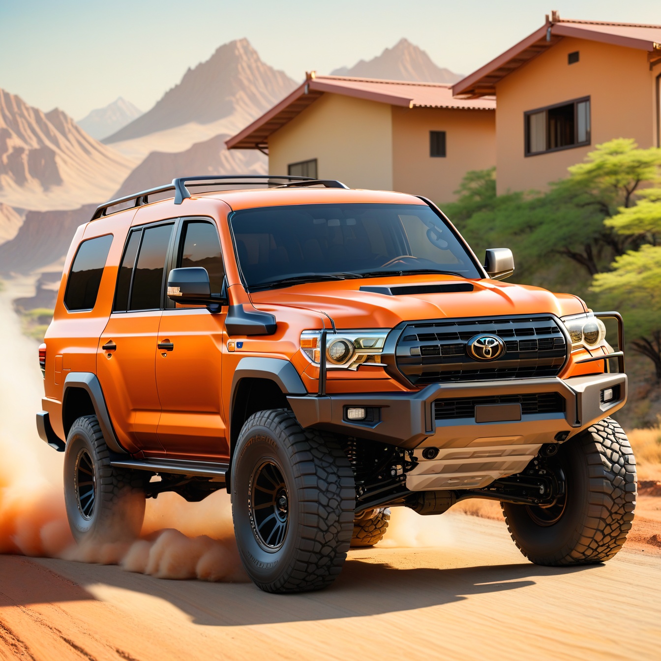 (orange pearl color 1984 Toyota Land Cruiser J70 inspired by 2023 Ford F-150 SVT Raptor),  on the road,  small buildings b...