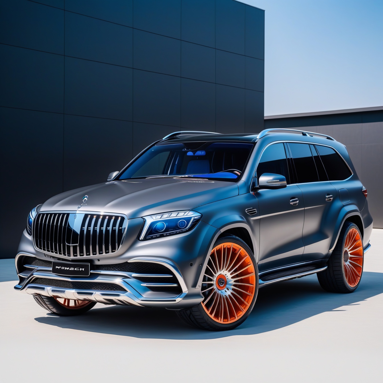 dark irony gray with blue undertone color futuristic 4x4 luxury sports SUV,  spinning wheels,  mercedes-maybach style allo...