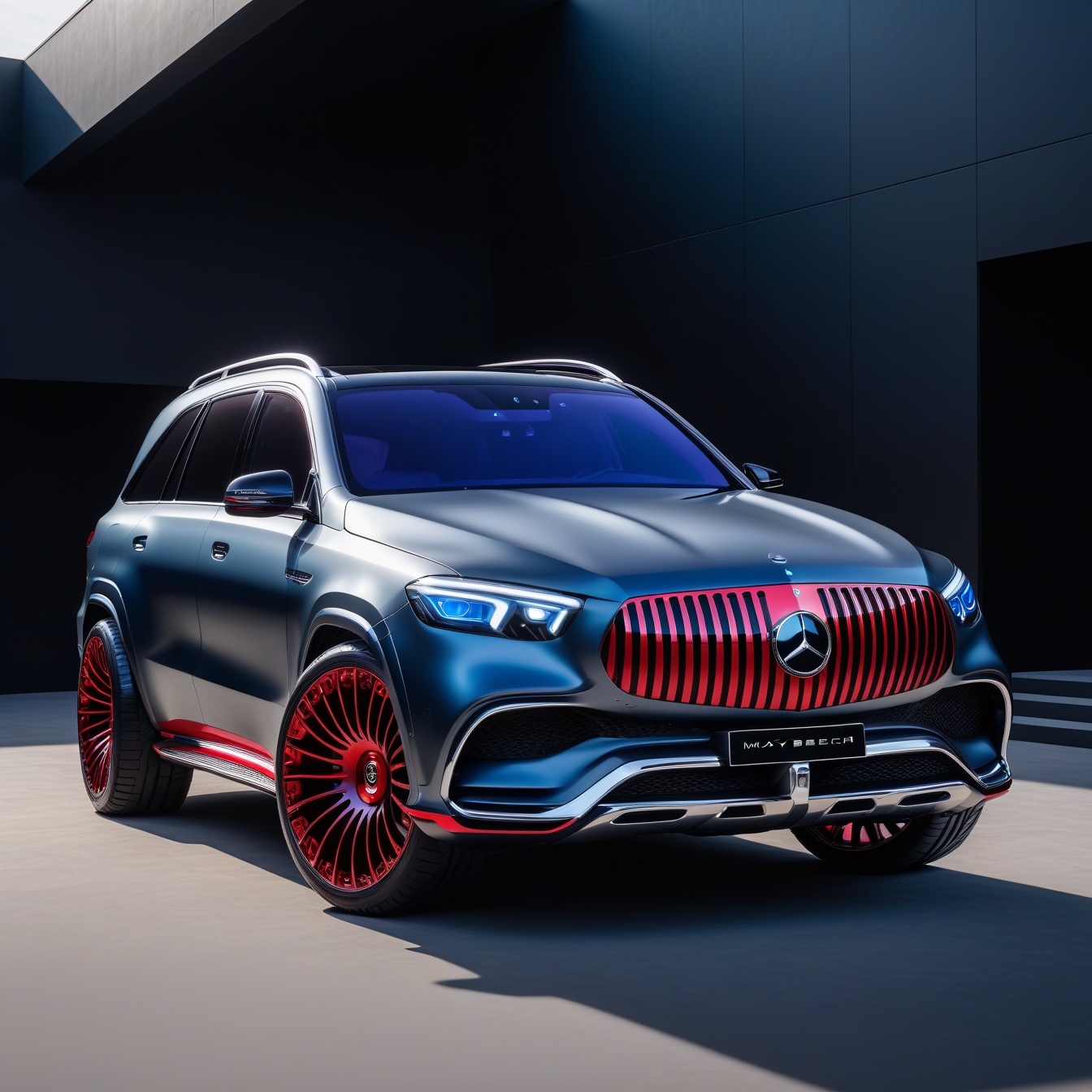 dark irony gray with blue undertone color futuristic 4x4 luxury sports SUV,  spinning wheels,  mercedes-maybach style allo...