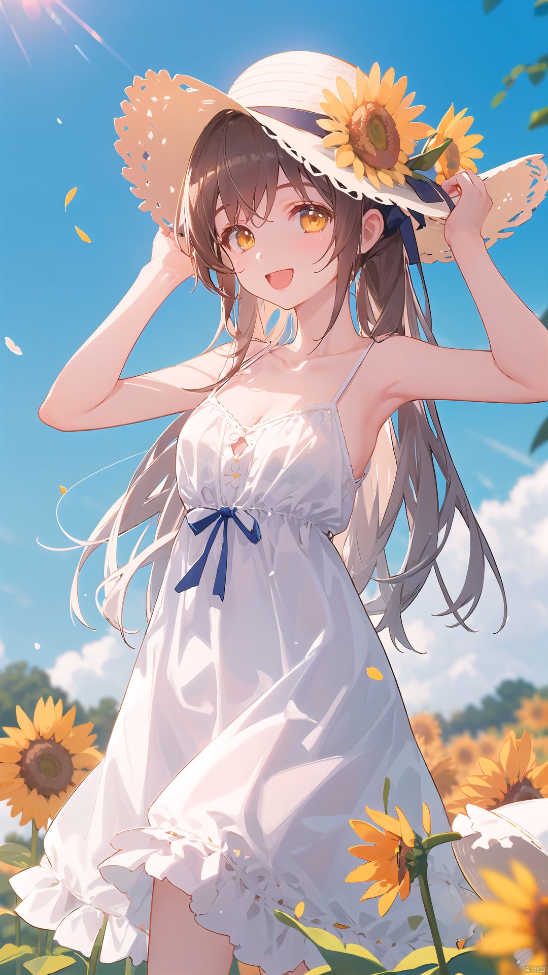  372089,(masterpiece), (best quality),1girl, hat, sunflower, solo, flower, outdoors, long hair, smile, open mouth, day, looking at viewer, sleeveless, sky, yellow eyes, cloud, :d, petals, straw hat, bare shoulders, breasts, hand on headwear, white dress, dress, yellow flower, bangs, very long hair, collarbone, blue sky, blush, flower field, sun hat, bare arms, bow, field, brown headwear, small breasts, standing, sundress, arm up, skirt, hand up, white skirt, hat bow, cleavage, spaghetti strap, ribbon, blurry foreground, hat ribbon, white bow, blurry