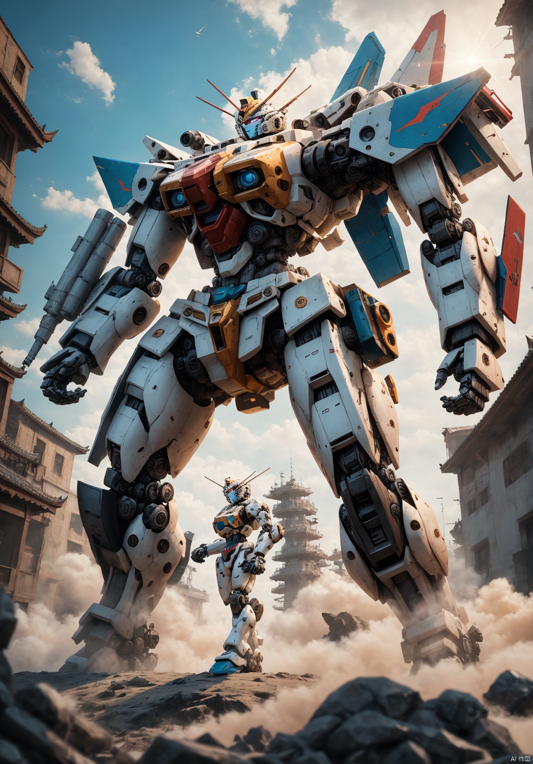  ,,Full-length photo,Fighting posture, , Surrealism, from below, Nikon, Surrealism, backlighting, 8k, super detail, high quality, high details, UHD, award winning, textured skin, anatomically correct, Real, shanhaijing, BJ_Gundam_SDXL, juemei,solo, juemei,Metallic texture, juemei, mecha_robot, cyborg