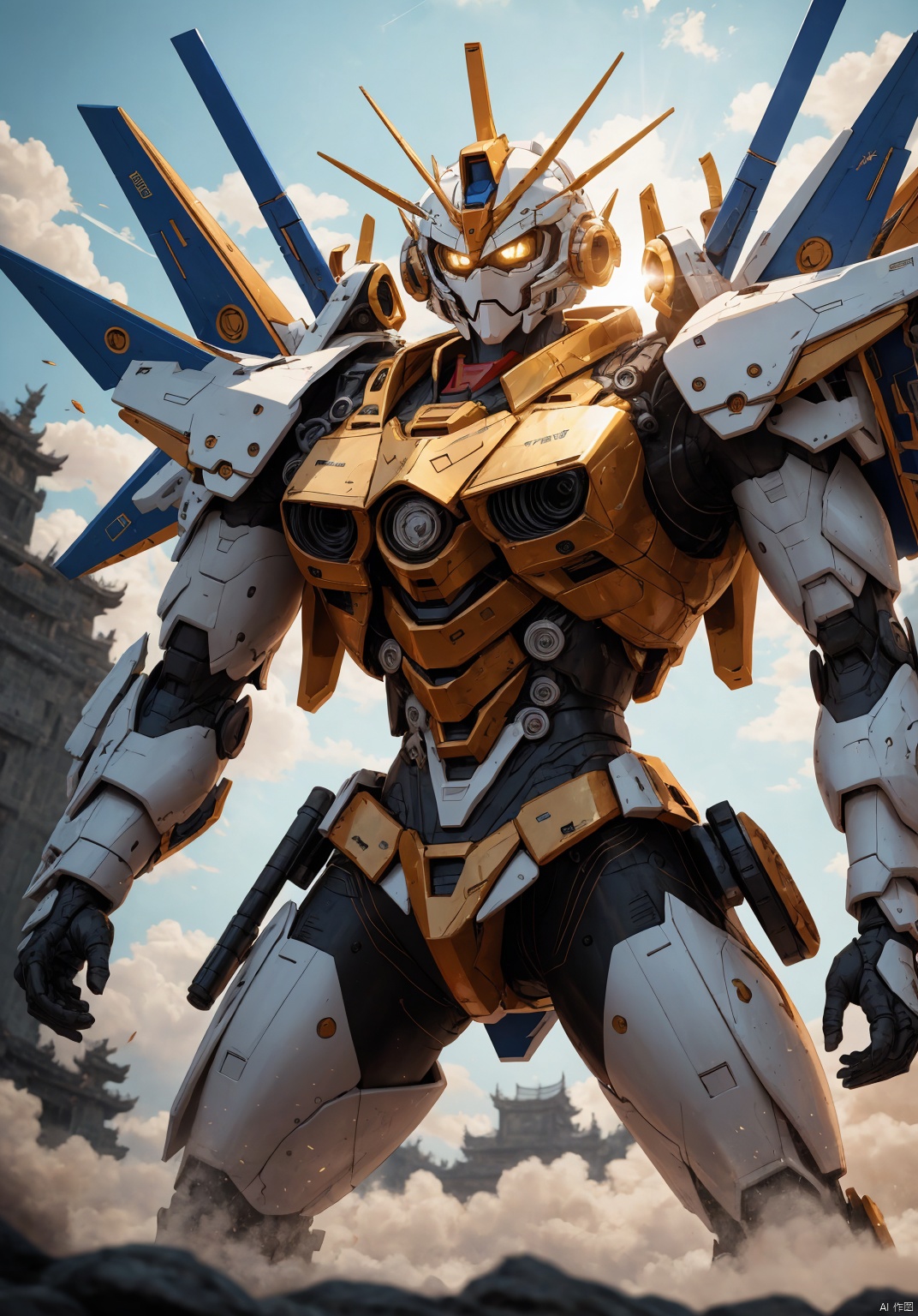  ,,Full-length photo,Fighting posture, , Surrealism, from below, Nikon, Surrealism, backlighting, 8k, super detail, high quality, high details, UHD, award winning, textured skin, anatomically correct, Real, shanhaijing, BJ_Gundam_SDXL, juemei,solo, juemei,Metallic texture, juemei,