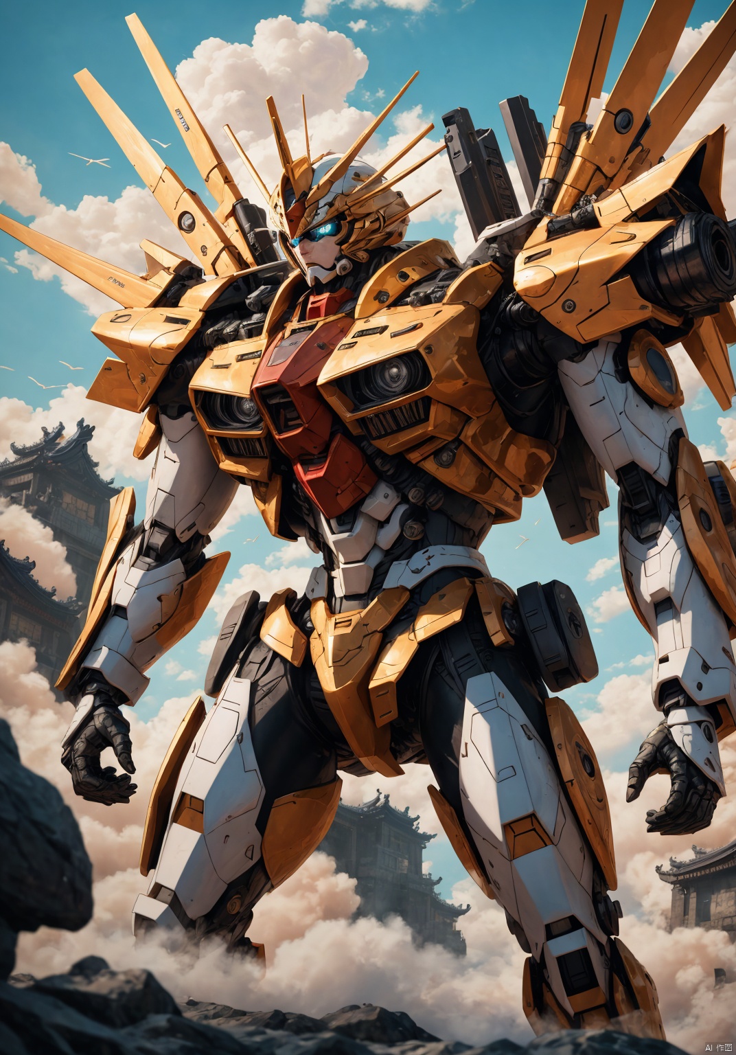  ,,Full-length photo,Fighting posture, , Surrealism, from below, Nikon, Surrealism, backlighting, 8k, super detail, high quality, high details, UHD, award winning, textured skin, anatomically correct, Real, shanhaijing, BJ_Gundam_SDXL, juemei,solo, juemei,Metallic texture, juemei,