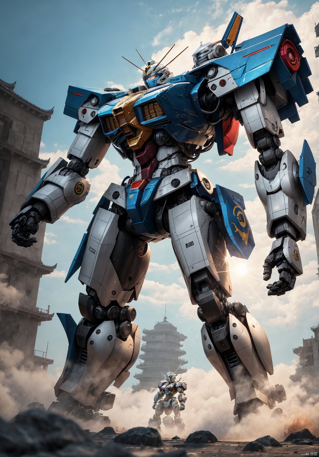  ,,Full-length photo,Fighting posture, , Surrealism, from below, Nikon, Surrealism, backlighting, 8k, super detail, high quality, high details, UHD, award winning, textured skin, anatomically correct, Real, shanhaijing, BJ_Gundam_SDXL, juemei,solo, juemei,Metallic texture, juemei, mecha_robot, cyborg, Light master