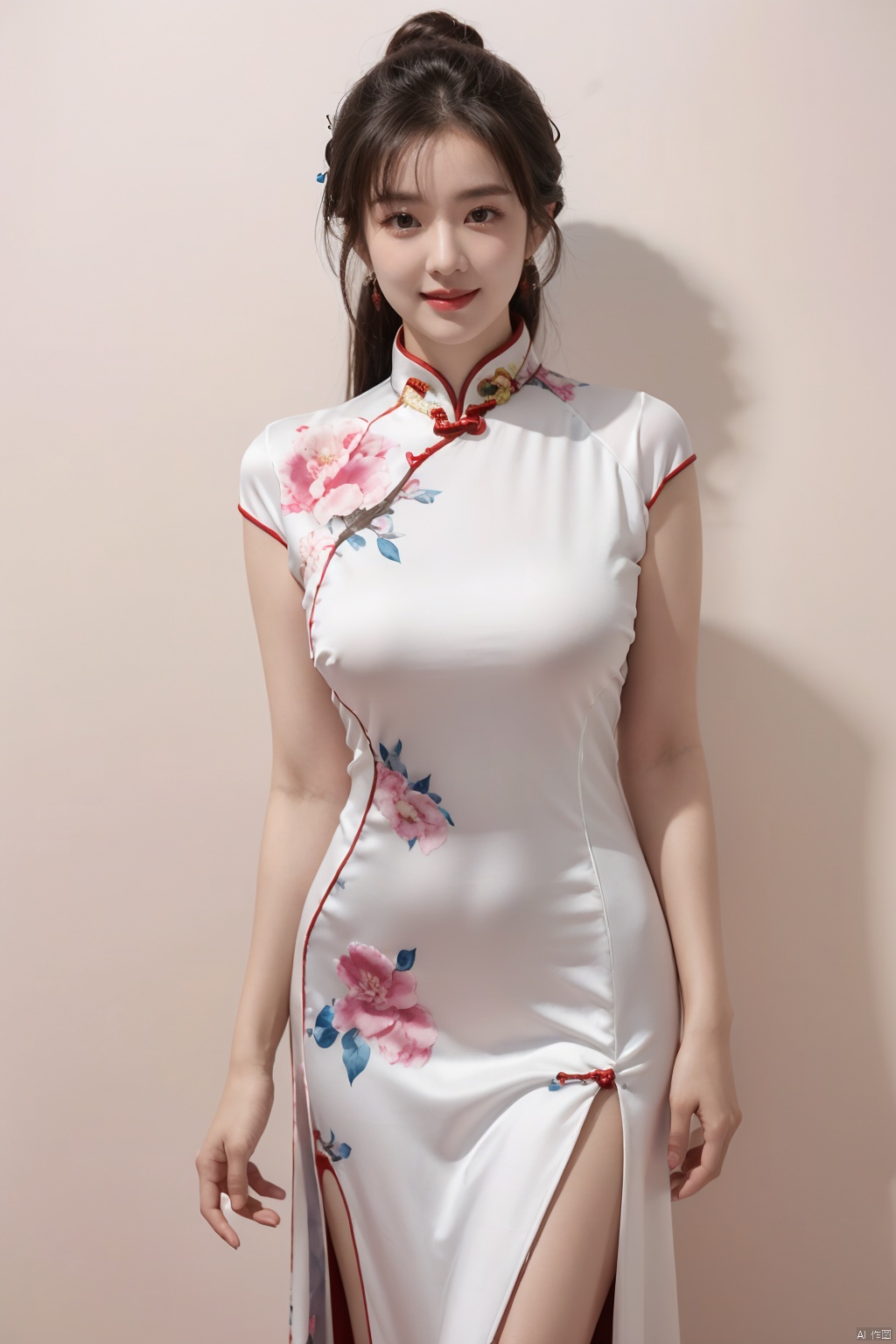  1girl,fair_skin,shiny_skin,white_marble_glowing_skin,curvy,long hair,makeup,flower-shaped pupils,big breasts,china_dress,print_cheongsam,chinese_style,huge filesize,wallpaper,real,available light,reality,realistic,simple_background, 1girl,moyou, yunyun_(yunyun)