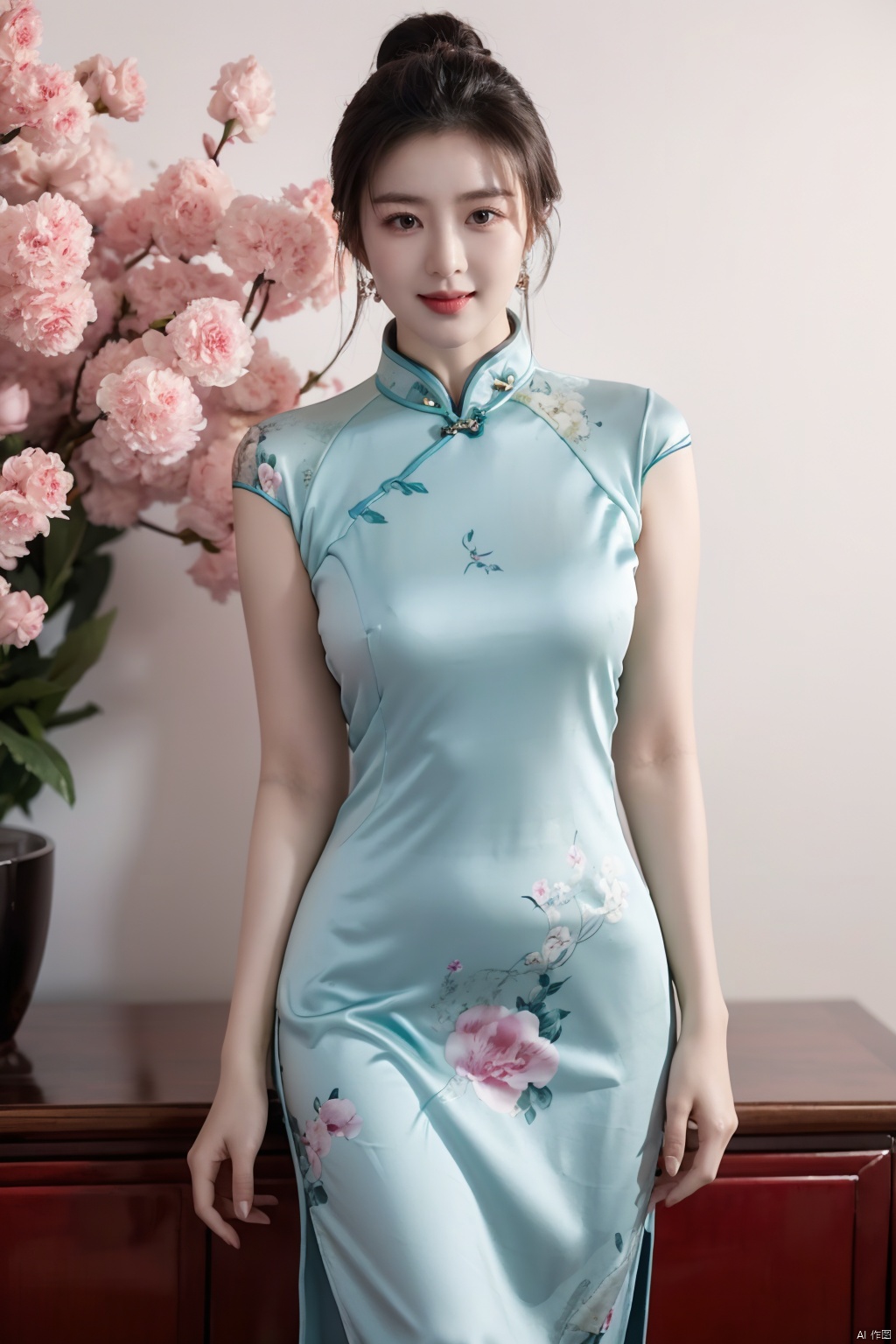  1girl,fair_skin,shiny_skin,white_marble_glowing_skin,curvy,long hair,makeup,flower-shaped pupils,big breasts,china_dress,print_cheongsam,chinese_style,huge filesize,wallpaper,real,available light,reality,realistic,simple_background, 1girl,moyou, 