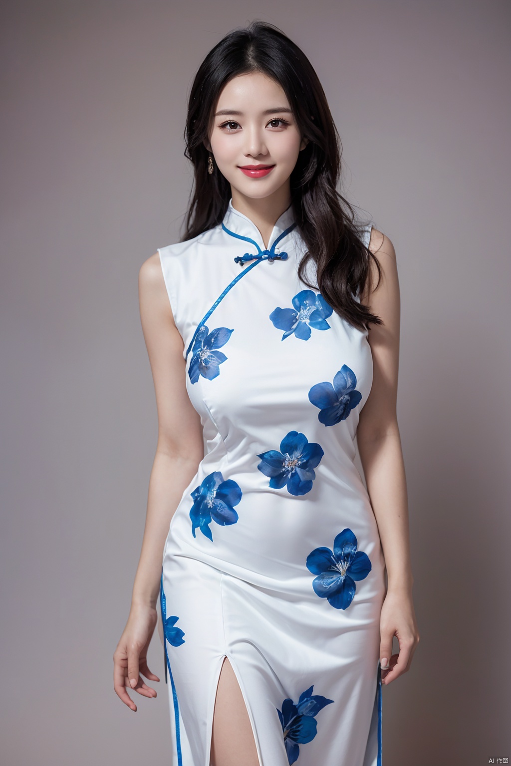 1girl,*****,fair_skin,shiny_skin,white_marble_glowing_skin,curvy,long hair,makeup,flower-shaped pupils,big breasts,china_dress,print_cheongsam,smile,Smile without showing your teeth,chinese_style,huge filesize,wallpaper,real,available light,reality,realistic,simple_background, 1girl