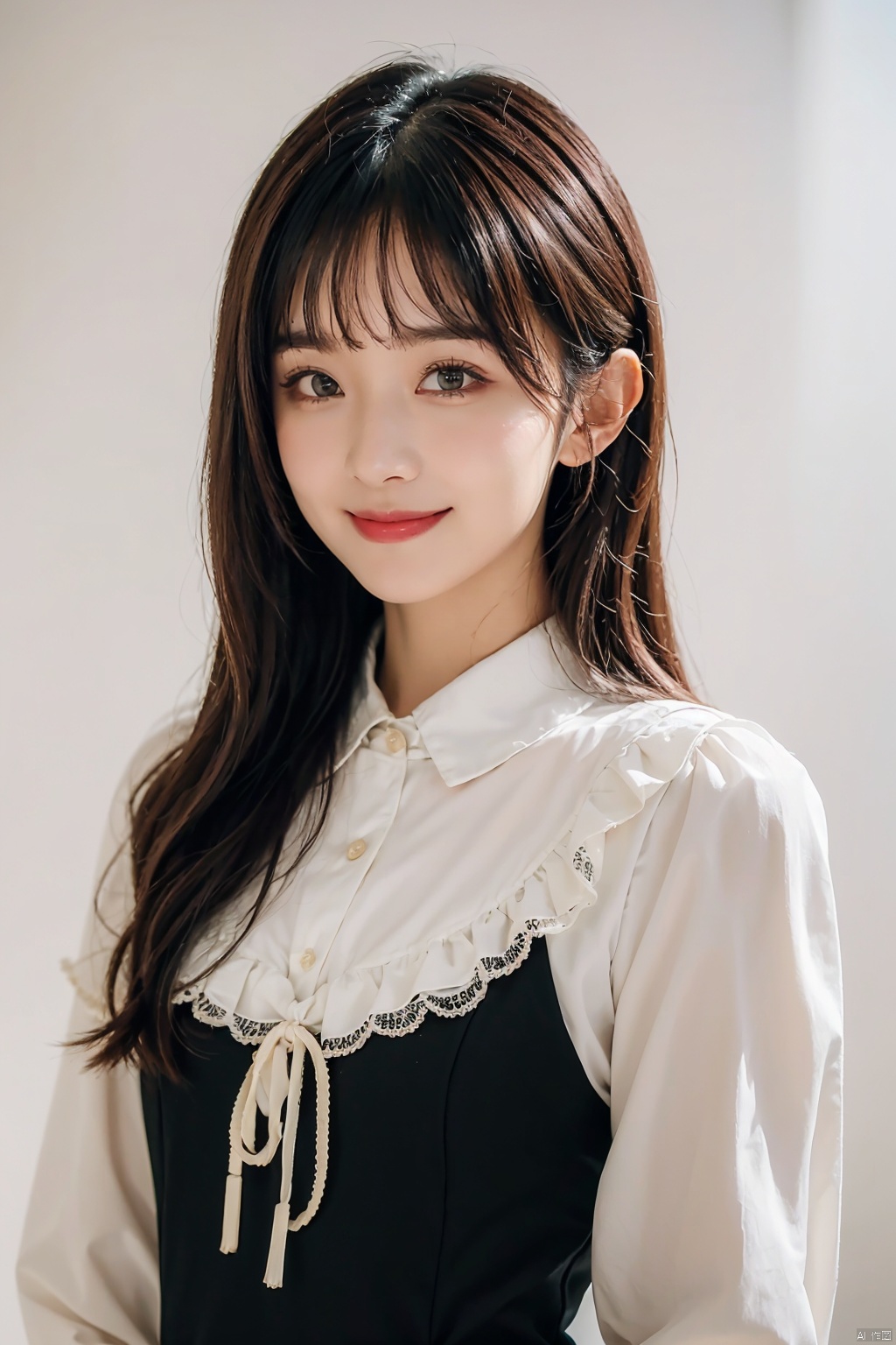 best quality, masterpiece, photorealistic, realistic, 1girl, solo, long black hair, straight hair, blunt bangs, looking at viewer, smile, cowboy shot, standing, cyb dress, frills, frilled dress, long sleeves, bow, lace, simple background, , depth of field