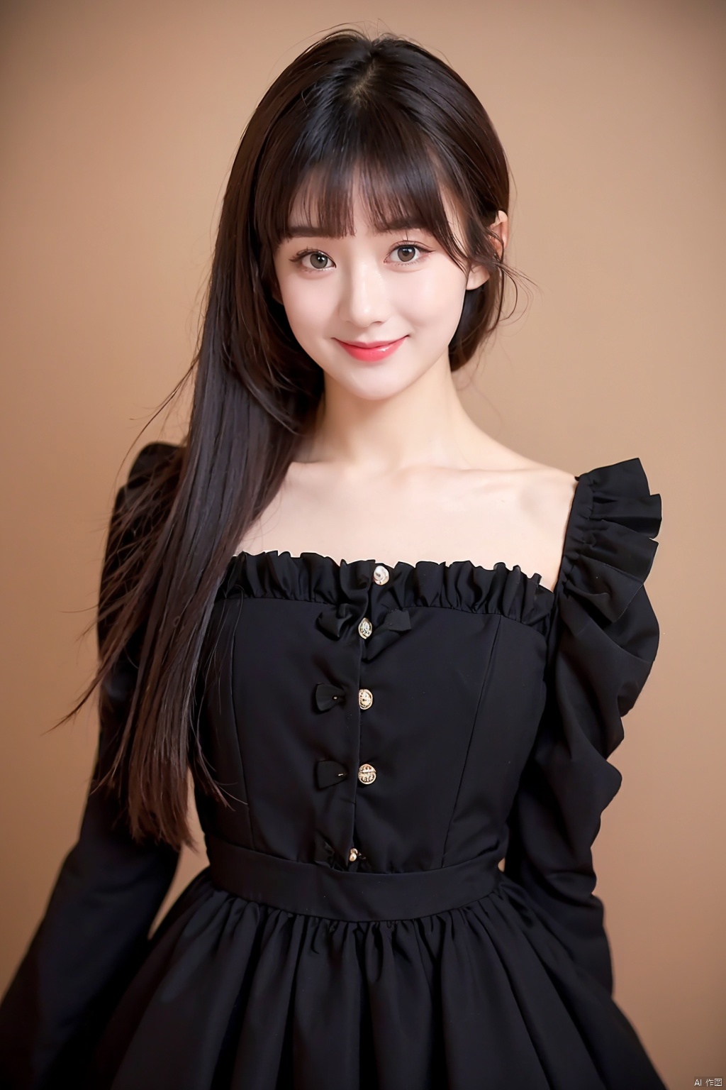  best quality, masterpiece, photorealistic, realistic, 1girl, solo, long black hair, straight hair, blunt bangs, looking at viewer, smile, cowboy shot, standing, cyb dress, frills, frilled dress, long sleeves, bow, lace, simple background, , depth of field