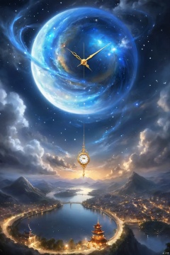 artist name,blue eyes,building,city,city lights,cityscape,clock,cloud,cloudy sky,constellation,copyright name,earth \(planet\),fantasy,glowing,jewelry,light particles,magic,magic circle,mountain,night,night sky,planet,scenery,sky,solo,space,star \(sky\),starry sky,tower,