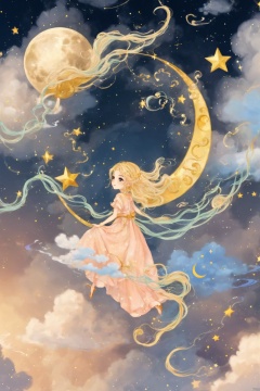  Illustration style, hand-painted style, childlike, dreamy, stars, soft, clouds, moon, hairball, decoration, lovely, great works, 8k, movie texture, movie cg, clear details, rich picture, miji, tongxin