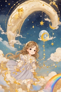  Illustration style, hand-painted style, childlike, dreamy, stars, soft, clouds, moon, hairball, decoration, lovely, great works, 8k, movie texture, movie cg, clear details, rich picture, miji, tongxin