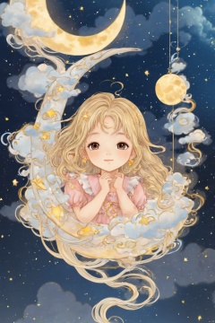  Illustration style, hand-painted style, childlike, dreamy, stars, soft, clouds, moon, hairball, decoration, lovely, great works, 8k, movie texture, movie cg, clear details, rich picture, miji, tongxin
