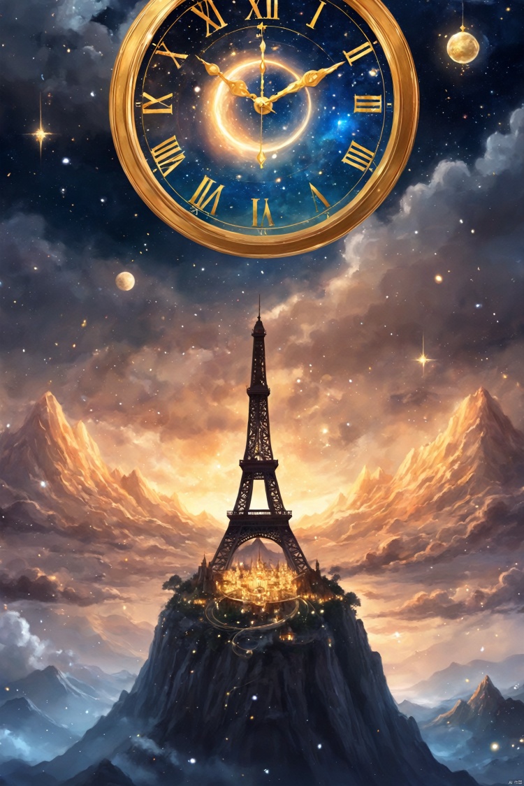 Art, Blue Eyes, Architecture, city, city lights, cityscape, Clock, Cloud, cloudy sky, constellations, Fantasy, Glow, jewelry, light particles, Magic, Magic Circle, mountain, night sky, planets, landscape, sky, solo, Space, starry sky, Tower