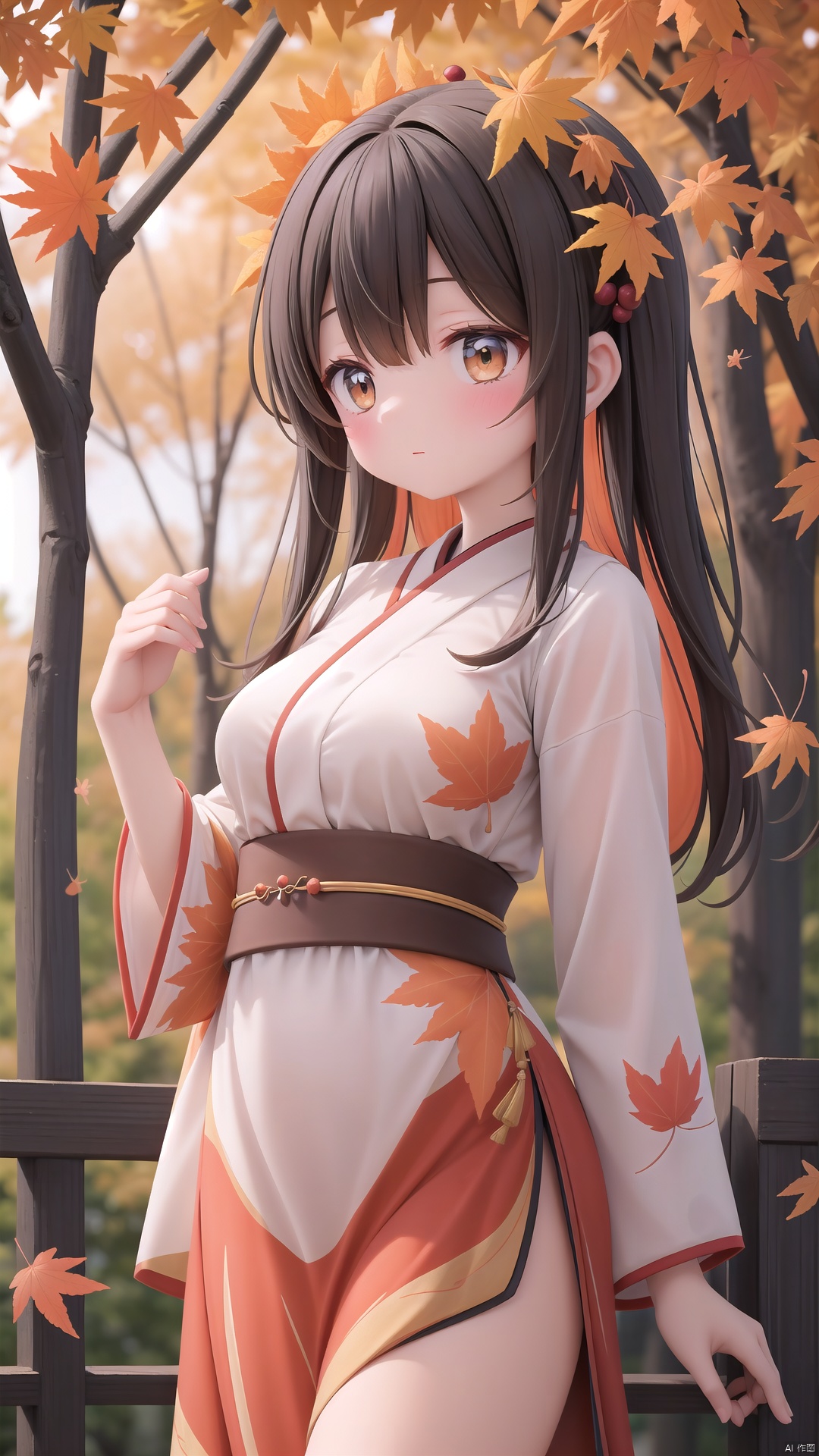  (a serene autumn scene:1.2), a digital artwork depicting a Tian Qi girl in the midst of a maple leaf forest duringtheseasonof"立秋" (beginning of autumn), enveloped in a soft and elegant color palette, illuminated by a fresh and gentle light, (highly detailed:1.1), showcasing the intricate details of the Tian Qi girl's appearance and the delicate veins of the maple leaves, (tranquil ambiance:1.2), immersing the viewer in the peaceful atmosphere of the autumn forest, (Tian Qi grace:1.1), as the girl exudes an aura of grace and serenity amidst the falling maple leaves, (soft golden sunlight:1.1), casting a warm glow on her ethereal features and illuminating the vibrant hues of the autumn foliage, (dynamic composition:1.1), capturing the captivating presence of the Tian Qi girl within the enchanting maple leaf forest, inviting viewers to embrace the beauty and tranquility of the autumn season, as they witness the harmonious dance between the Tian Qi girl and the swirling maple leaves, creating a moment of serene tranquility and poetic charm.