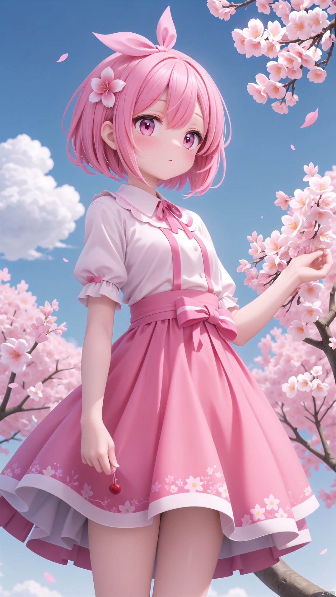 TT,flower,1girl,pink hair,pink flower,tree,ribbon,wide shot,leaf,cloud,red ribbon,gradient,cherry blossoms,gradient background,short hair,branch,