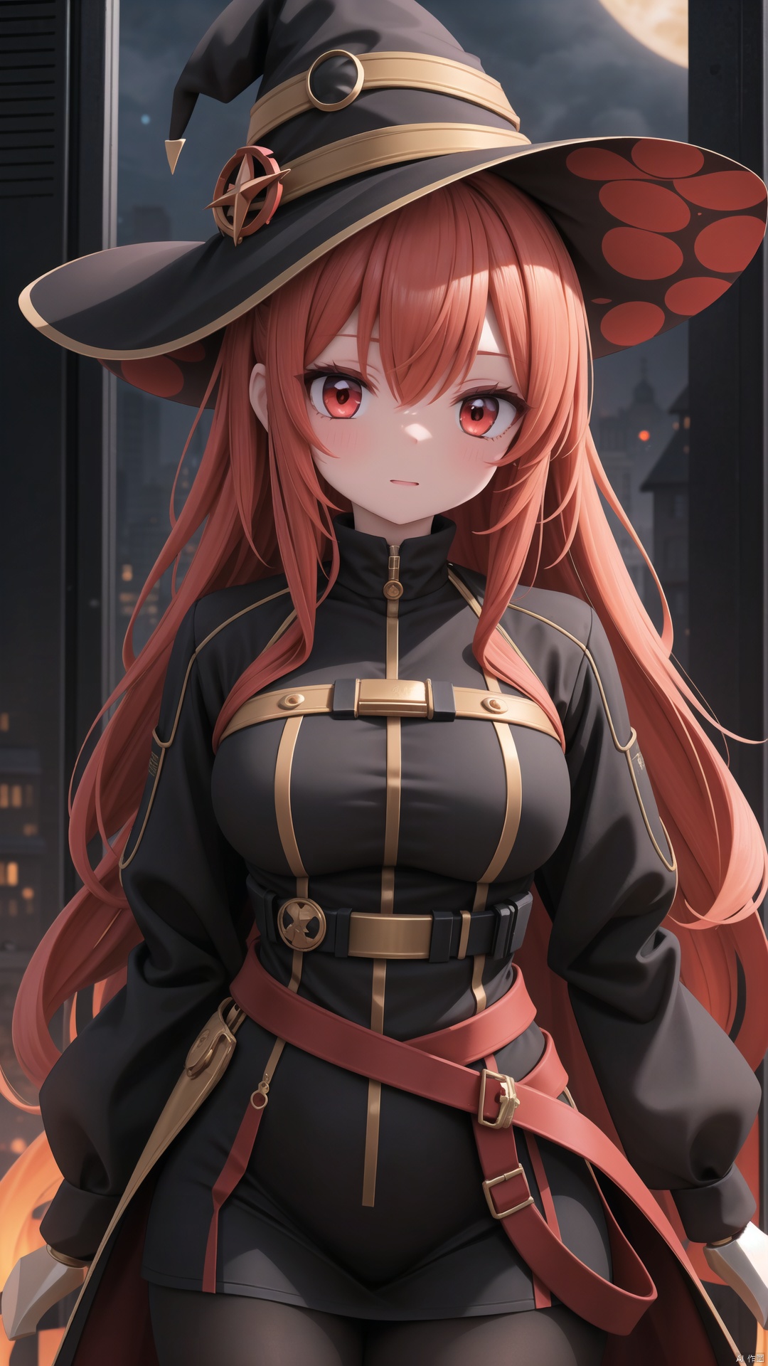 Red eyes, evil, golden, shiny, gold hair,High detailed ,midjourney,perfecteyes,Color magic,urban techwear,hmochako,better witch,witch, witch,Long hair,free style,horror (theme)