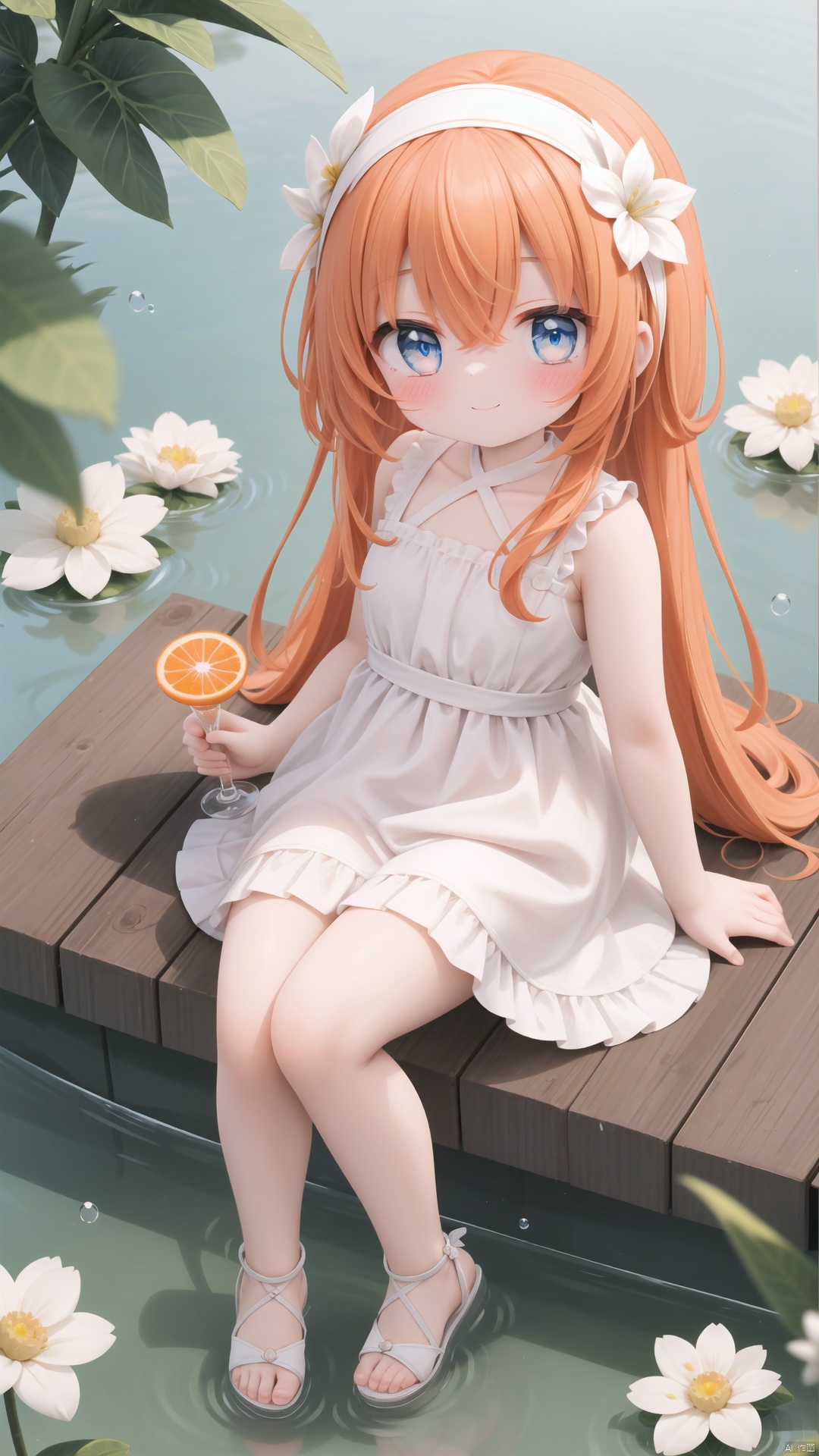  1girl, solo, long hair, looking at viewer, blush, smile, bangs, blue eyes, hair ornament, dress, holding, hair between eyes, bare shoulders, jewelry, sitting, very long hair, closed mouth, full body, flower, hairband, food, sleeveless, white dress, orange hair, cup, bare arms, fruit, sleeveless dress, sandals, white flower, bubble, minigirl, white hairband, in container, orange \(fruit\), submerged, orange slice