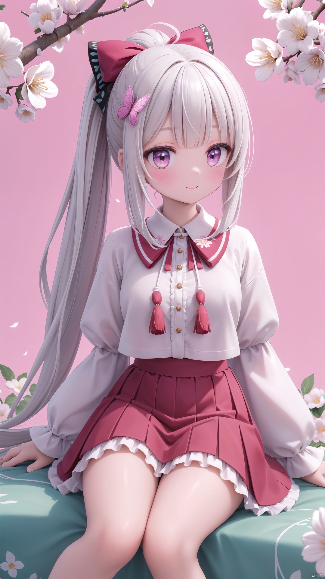 masterpiece,best quality,absurdres:1.1), 1girl,beautiful detailed girl,fine and beautiful detailed skin,(tassel hair ornament:1.3),solo,blunt bangs,blunt tresses,ponytail,hair bow,hair ribbon,red ribbon,long hair,smile,legs up,sitting in tree,flower necklace,vines,frilled skirt, (extremely detailed beautiful background:1.1),(floral background:1.3),flower,bloom,The tree is in full bloom with flowers,glowing butterfly,butterfly,Flowers all over the ground,(Flowers blooming all over the branches,:1.1), ray tracing,reflection light,water drop,(beautiful detailed eyeliner),(beautiful detailed skin),(smooth skin),(shiny skin:0.8),(shiny:0.8),wide shot,depth of field,rainbow,