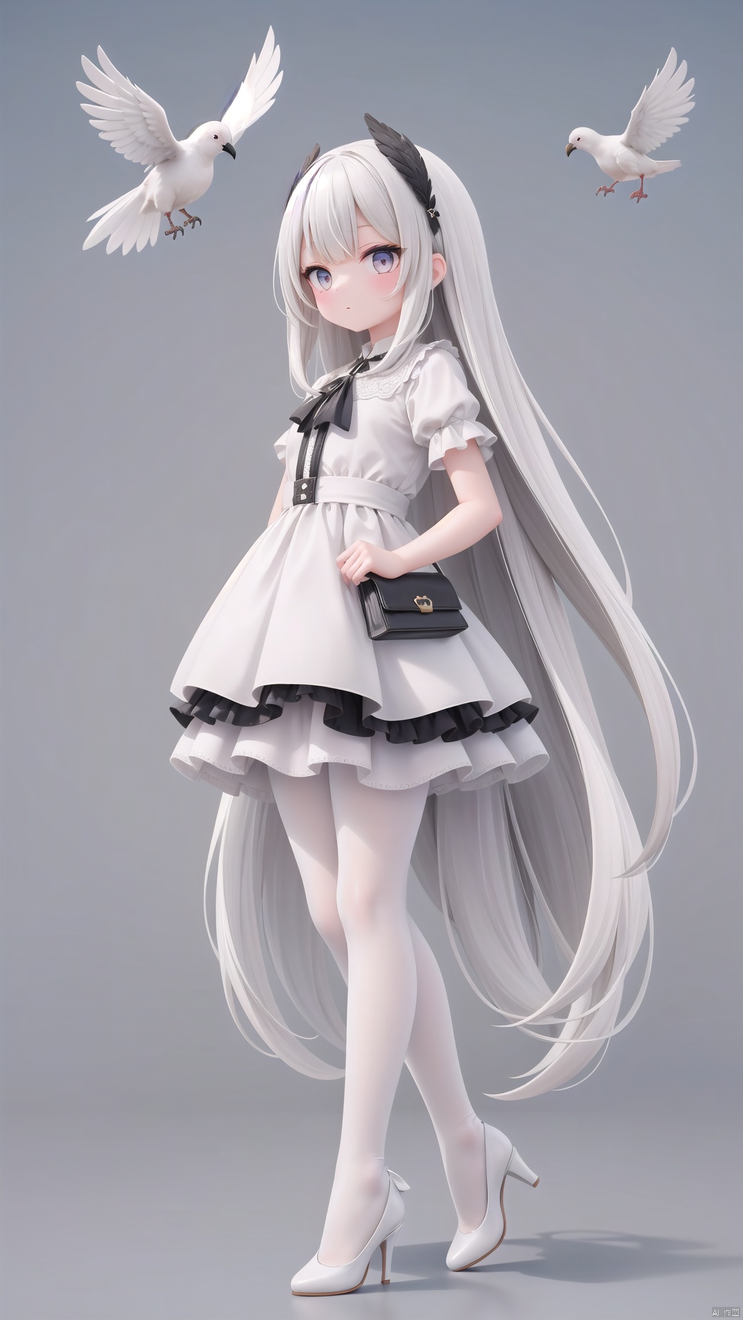  1girl, animal, bird, crow, dove, dress, grey_background, high_heels, long_hair, two-tone_background, very_long_hair, white_dress, white_footwear, white_hair, white pantyhose
