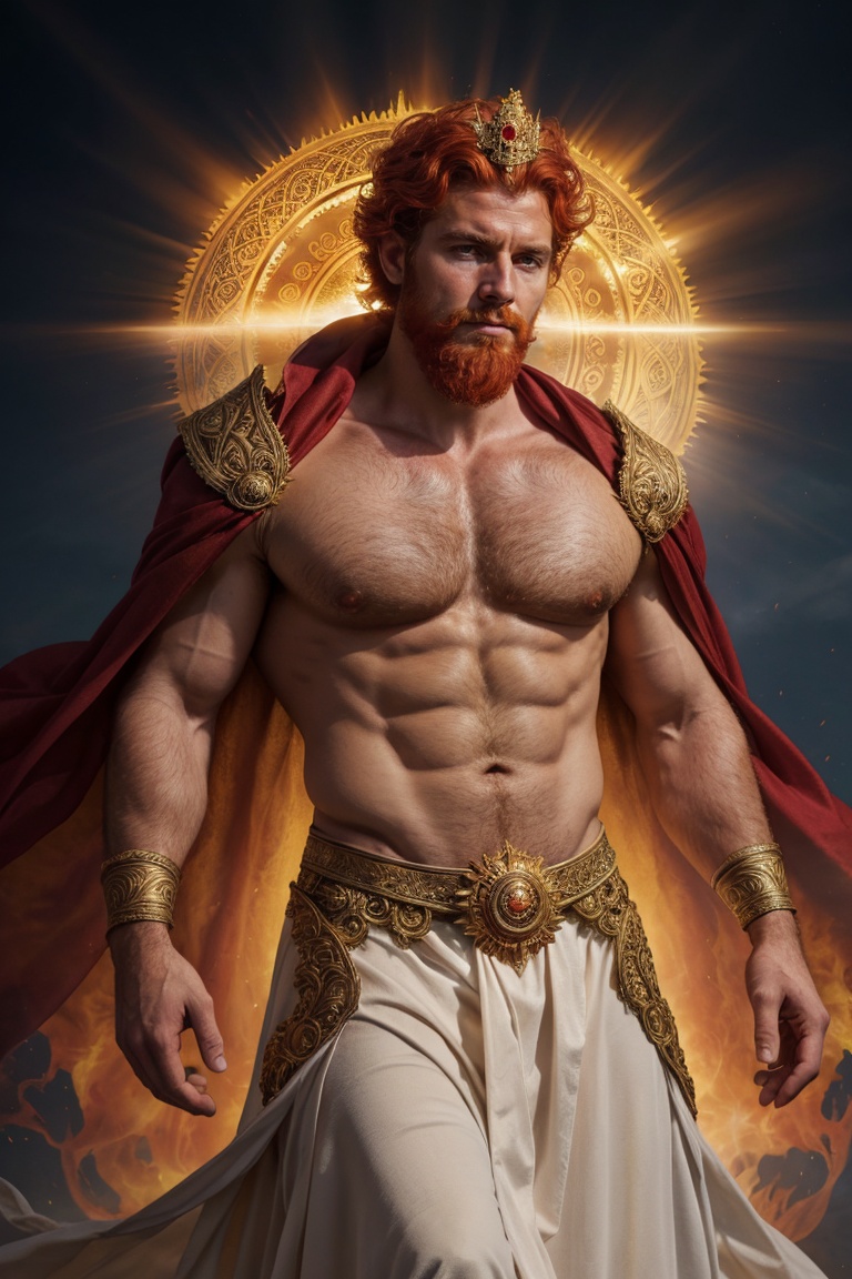 face portrait of Helios the god of the sun shrouded in mysterious waves of light in the sky,  radiant crown,  wearing open...