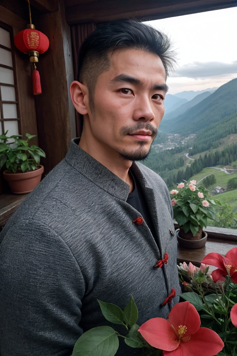 face portrait of a gruff Chinese man in a cozy mountain inn overlooking a valley,  manly,  muscular on Tensor.Art