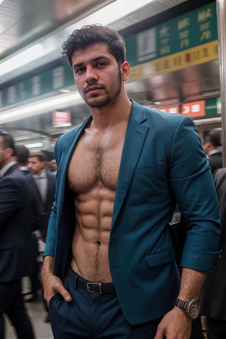 vintage photo of a businessman standing in a crowded metropolitan subway station,  Arab,  Nikon F on Tensor.Art