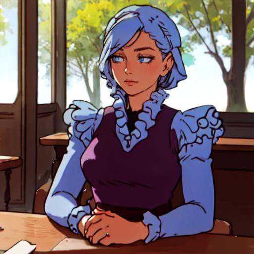 upper body,  a woman sitting in a cafe,  blue sky on Tensor.Art