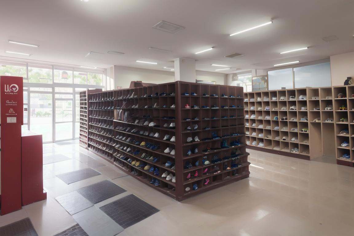 best quality, ultra-detailed, illustration,getabako, scenery, indoors, shelf, tiles, ceiling light, window, tile floor, shop, reflective floor, ceilingmultiple girls, glasses, black hair, long hair, standing, red necktie, pantyhose, white shirt, shoes, school uniform, blue skirt, collared shirt, <lora:getabako1_SD15_V1_DIM4:1>