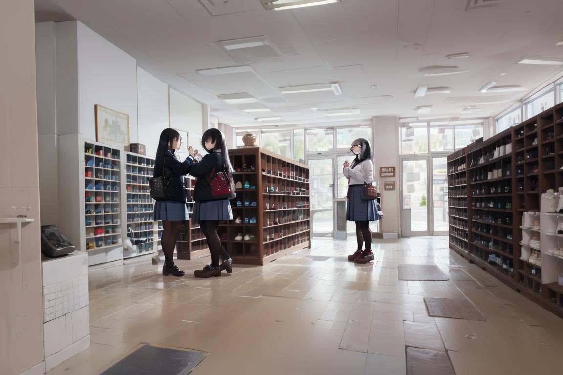 best quality, ultra-detailed, illustration,getabako, scenery, indoors, shelf, tiles, ceiling light, window, tile floor, shop, reflective floor, ceilingmultiple girls, glasses, black hair, long hair, standing, red necktie, pantyhose, white shirt, shoes, school uniform, blue skirt, collared shirt, <lora:getabako1_SD15_V1_DIM4:1>