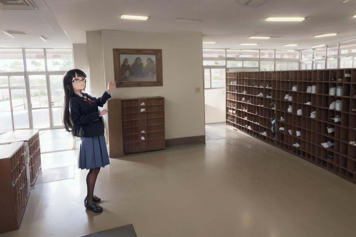 best quality, ultra-detailed, illustration,getabako, scenery, window, door, shadow, trash can, sign, indoors, multiple girls, glasses, black hair, long hair, standing, red necktie, pantyhose, white shirt, shoes, school uniform, blue skirt, collared shirt, <lora:getabako1_SD15_V1_DIM4:1>