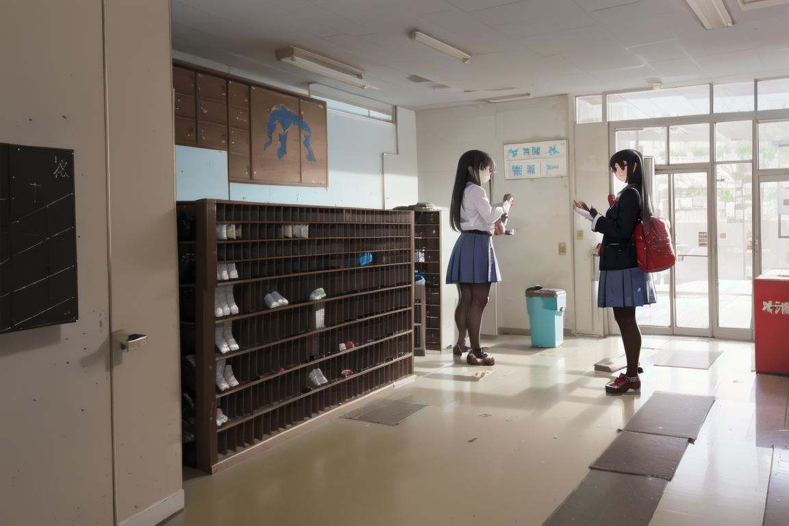 best quality, ultra-detailed, illustration,getabako, scenery, window, door, shadow, trash can, sign, indoors, multiple girls, glasses, black hair, long hair, standing, red necktie, pantyhose, white shirt, shoes, school uniform, blue skirt, collared shirt, <lora:getabako1_SD15_V1_DIM4:1>
