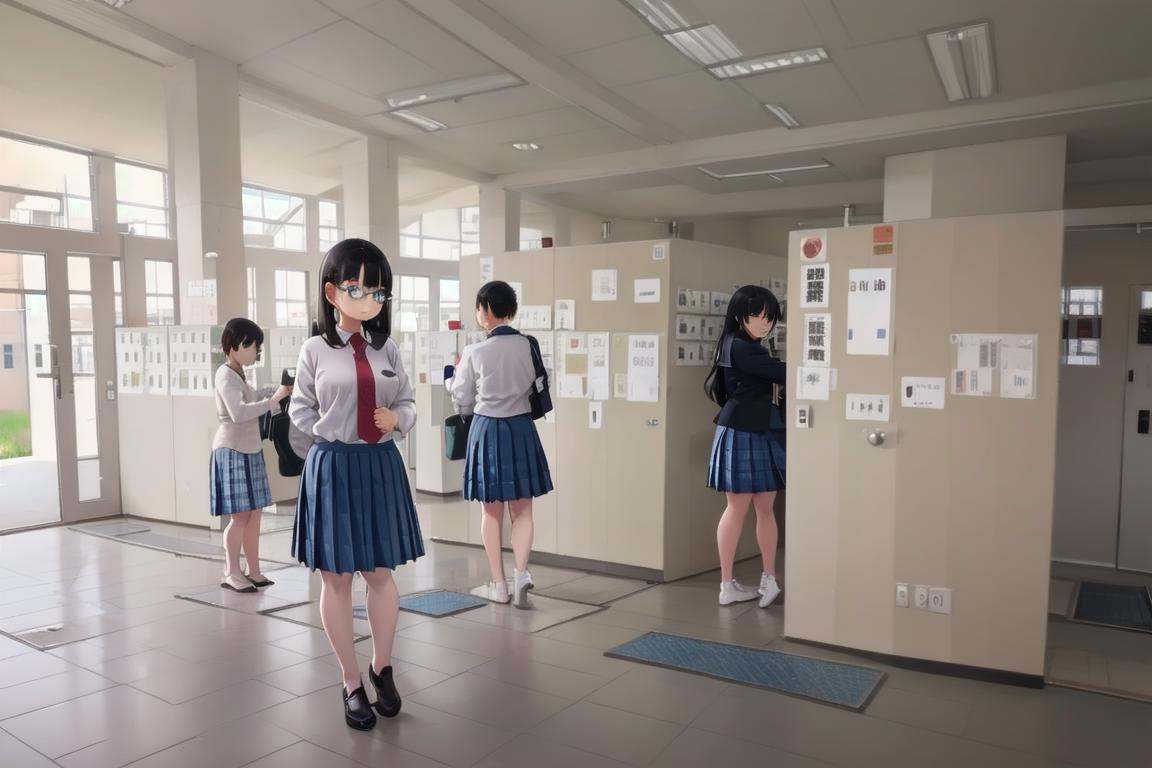 best quality, ultra-detailed, illustration,getabako, scenery, window, indoors, building, door, tree, daymultiple girls, glasses, black hair, long hair, standing, red necktie, pantyhose, white shirt, shoes, school uniform, blue skirt, collared shirt, <lora:getabako2_SD15_V1_DIM4:1>